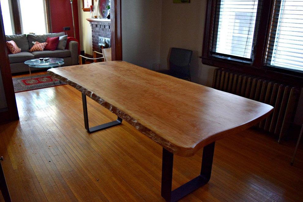 LIVE EDGE SALVAGED CHERRY HARVEST TABLE WITH METAL BASE