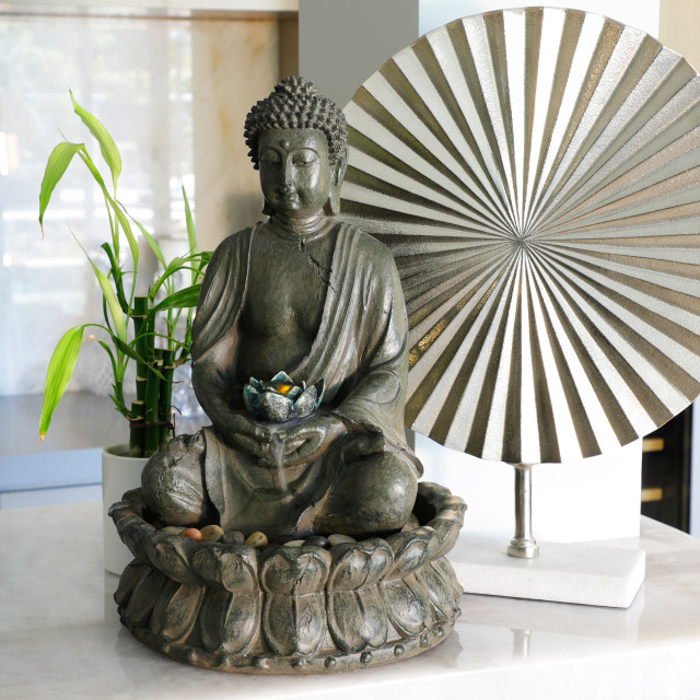 19" Tall Tabletop Meditating Buddha with Lotus Flower Fountain with LED Lights