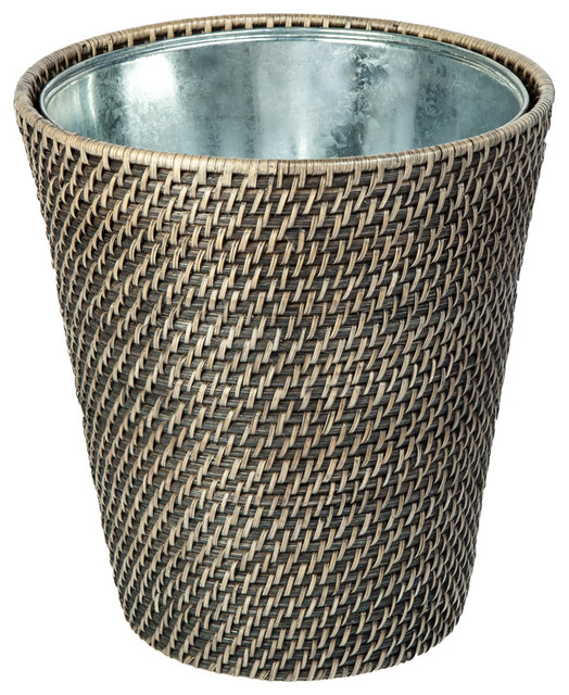 Laguna Handwoven Round Rattan Waste Basket With Tin Insert, Black Wash