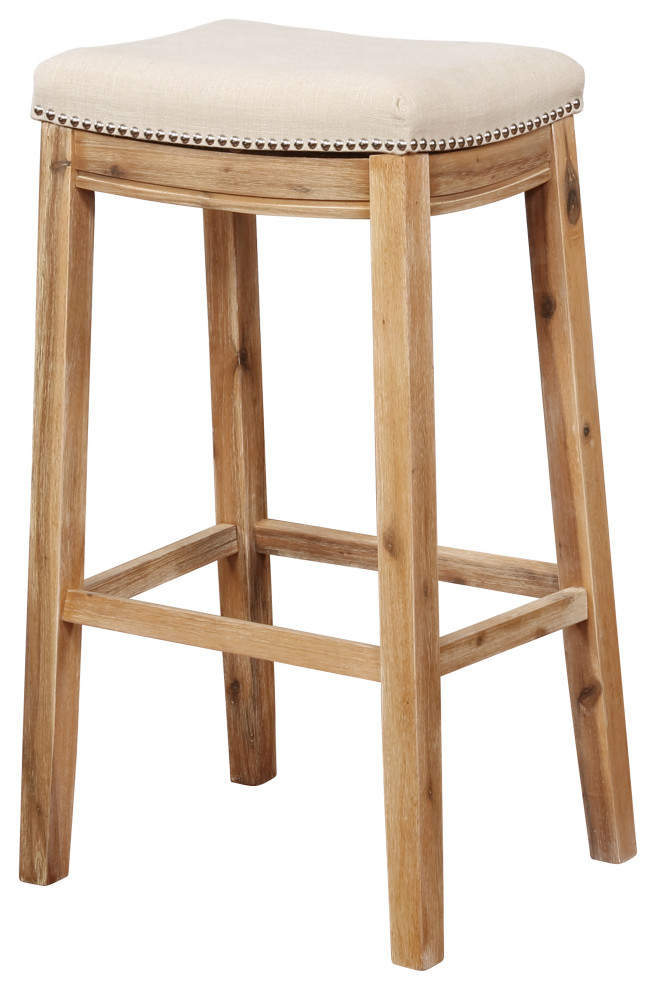 Benzara Saddle Top Wooden Bar Stool with Nailhead Accents, Brown and