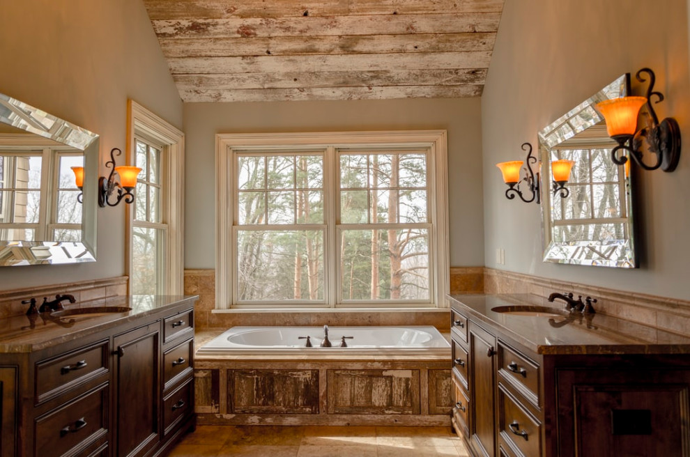 Inspiration for a mid-sized country master bathroom in Other with furniture-like cabinets, dark wood cabinets, a hot tub, a one-piece toilet, brown tile, travertine, green walls, travertine floors, granite benchtops, brown floor, brown benchtops, an enclosed toilet, a double vanity, a freestanding vanity and wood.