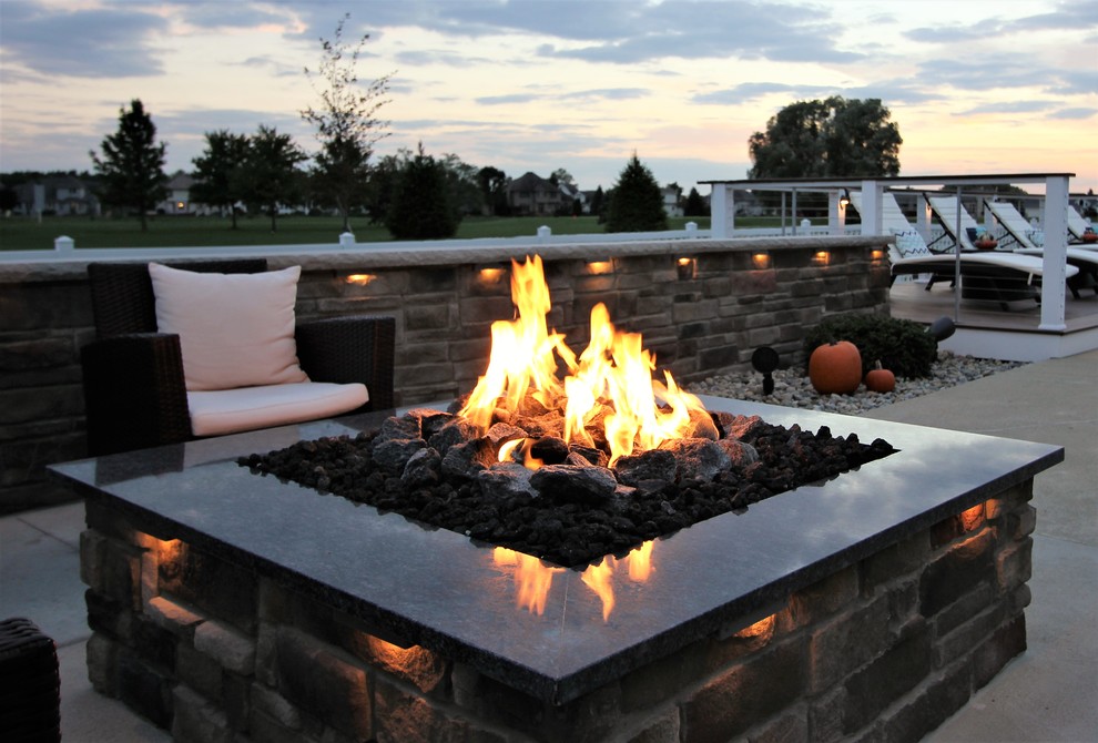 Inspiration for a huge transitional backyard home design remodel with decking and a roof extension