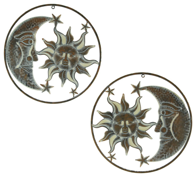 Rusty White Metal Art Indoor Outdoor Celestial Sun Moon and Stars Wall