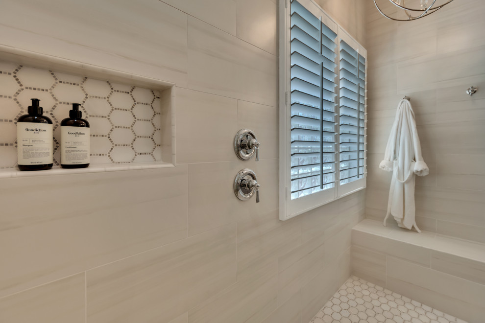 Inspiration for a mid-sized transitional master white tile and porcelain tile wood-look tile floor, multicolored floor and double-sink doorless shower remodel in Phoenix with shaker cabinets, gray cabinets, gray walls, an undermount sink, granite countertops, white countertops and a niche