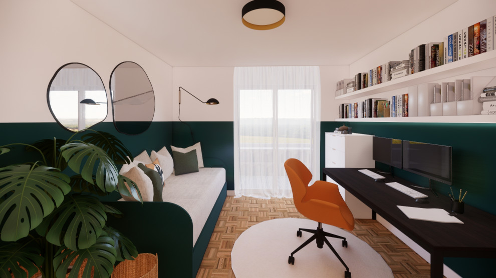 Small contemporary home studio in Barcelona with green walls and medium hardwood flooring.