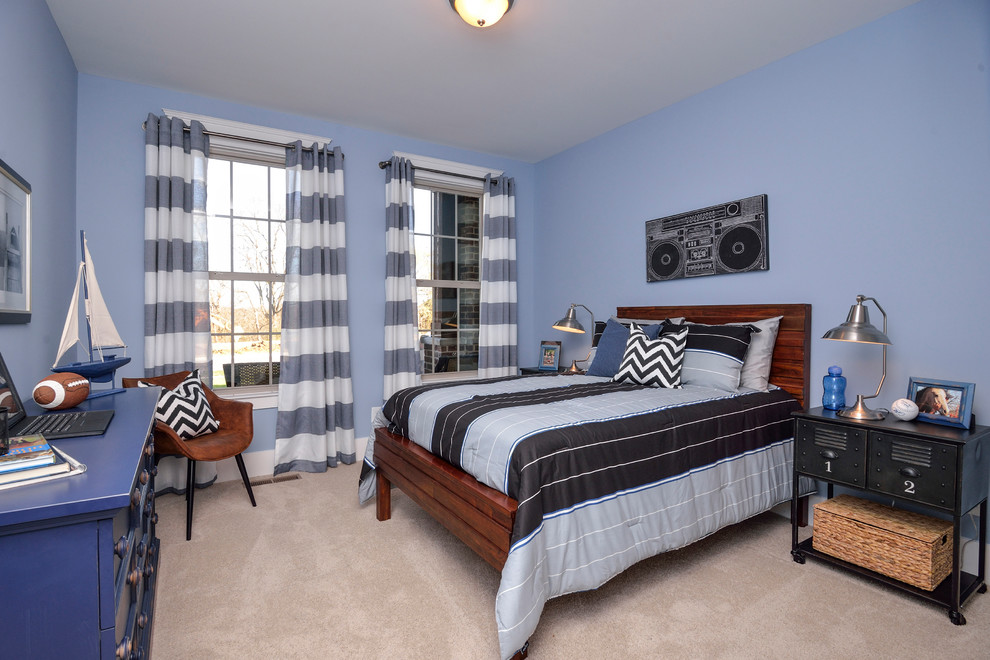 Transitional bedroom in St Louis with blue walls.