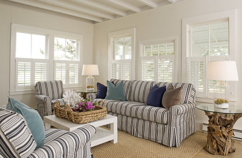 Inspiration for a large beach style formal enclosed living room in Boston with white walls and light hardwood floors.