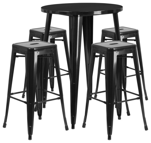 30" Round Metal Indoor/Outdoor Bar Table Set, Black Industrial