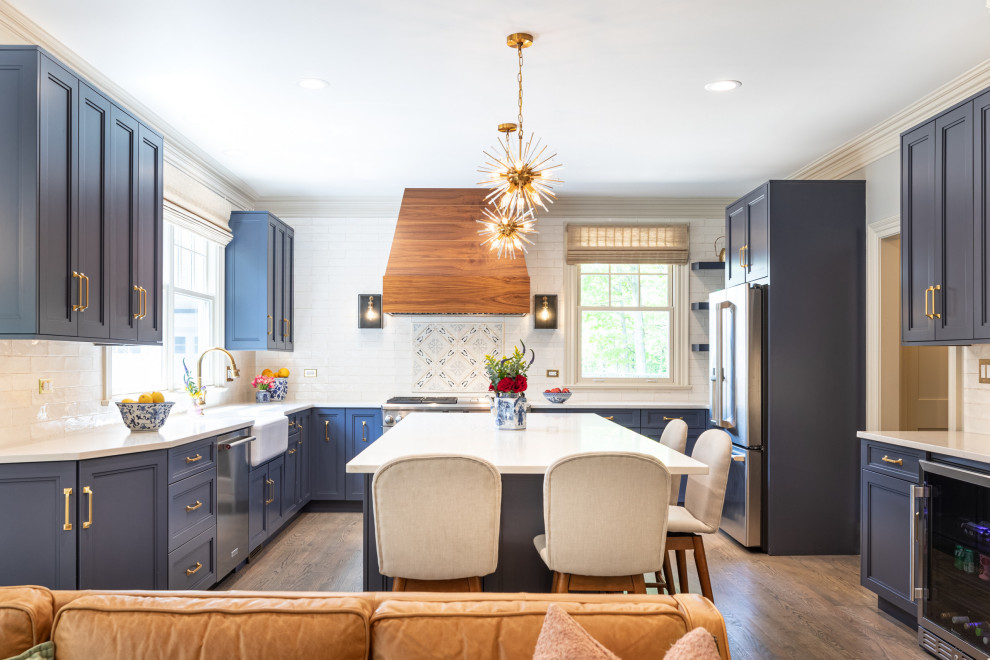 Bold Navy Kitchen With Walnut Hood & Gold Hardware
