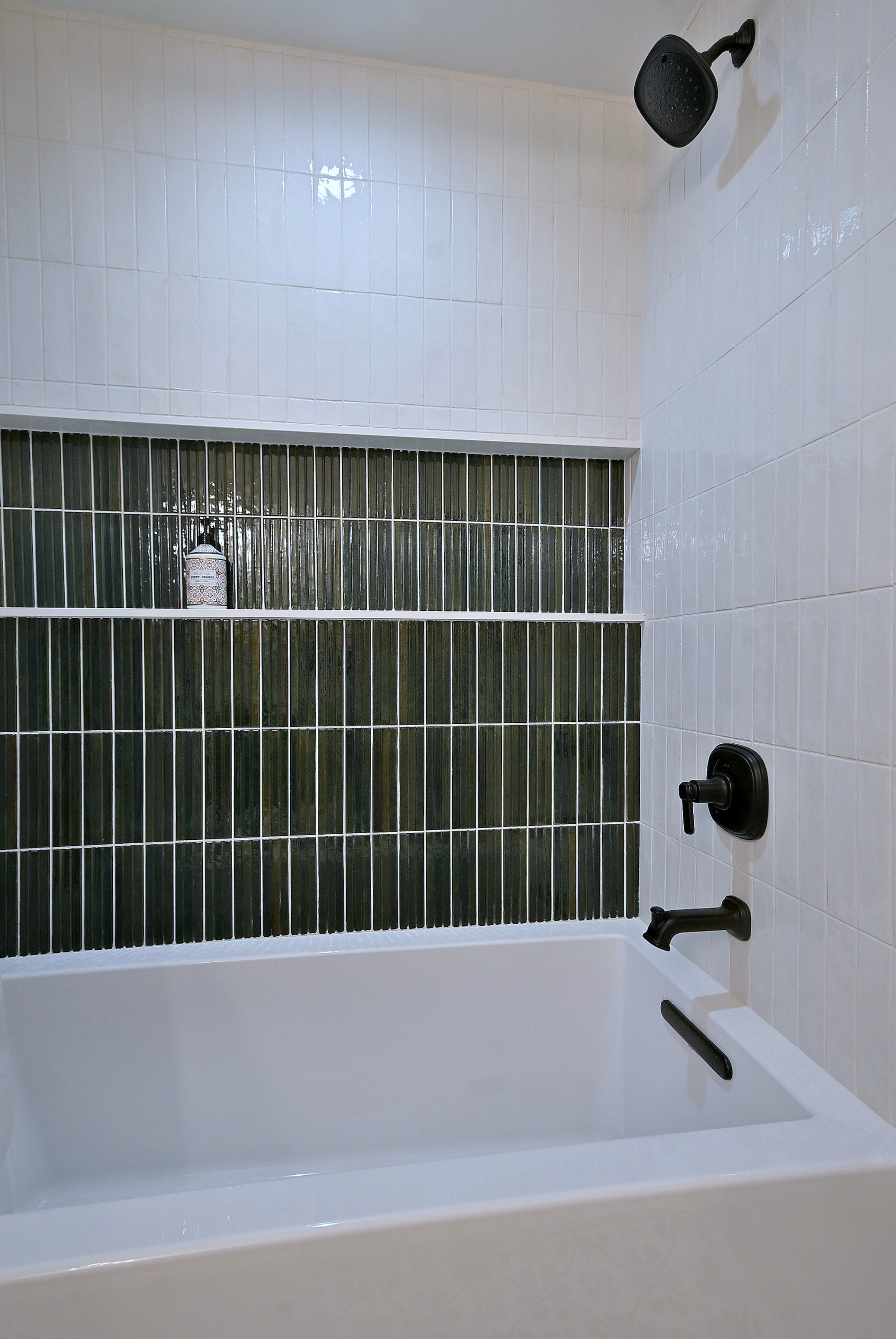 Transitional Bathroom Remodel With Green Cabinetry