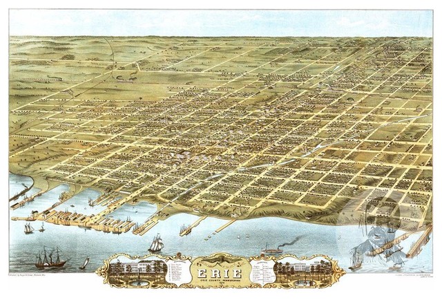 Historic Erie,  PA Map 1870, Vintage Pennsylvania Art Print, 18"x24"