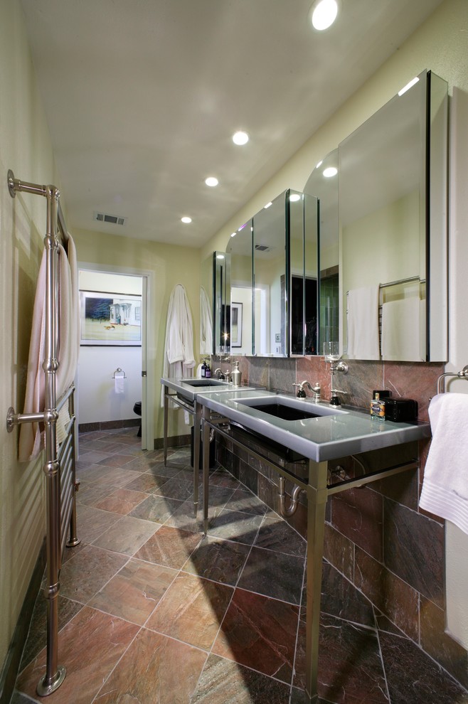 Photo of a large contemporary master bathroom in Sacramento with a trough sink, open cabinets, green cabinets, stainless steel benchtops, a corner shower, green tile, stone tile, green walls and ceramic floors.