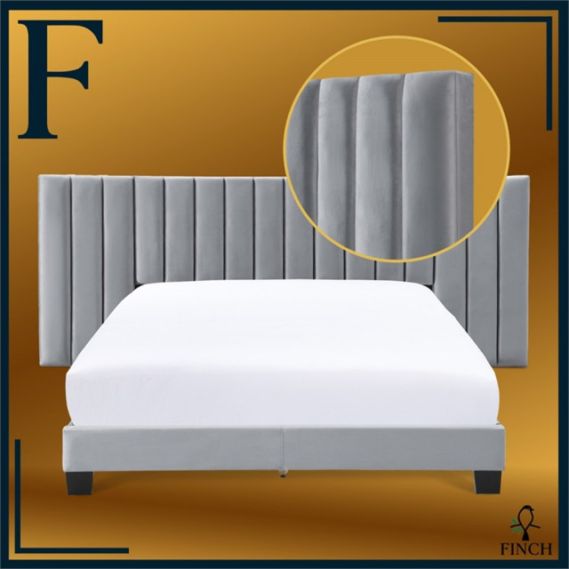 Finch Gramercy Channel Tufted Upholstered Bed Queen Size Grey Velvet
