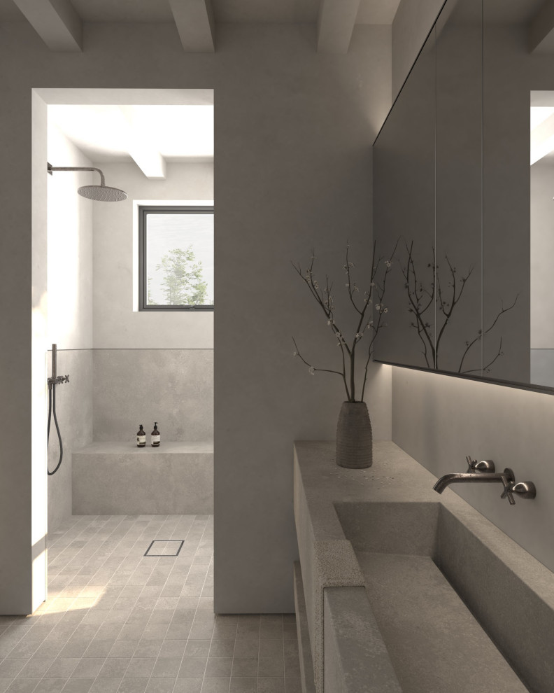 Foto på ett mellanstort minimalistiskt grå en-suite badrum, med öppna hyllor, grå skåp, en öppen dusch, grå kakel, stenhäll, vita väggar, cementgolv, ett integrerad handfat, bänkskiva i betong, grått golv och med dusch som är öppen