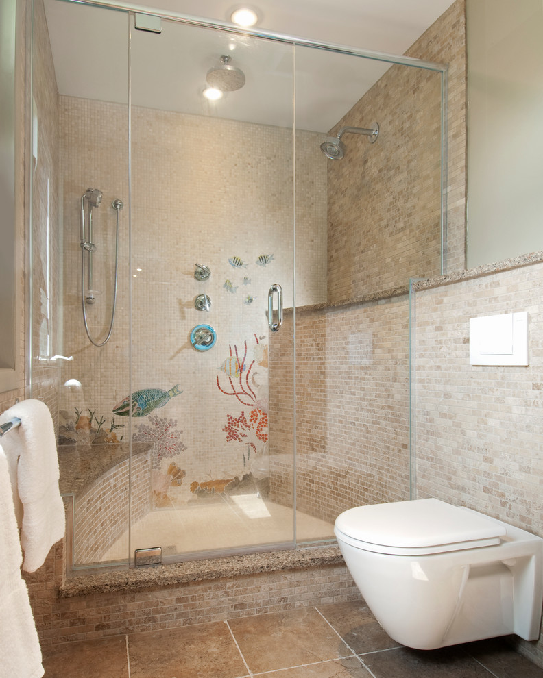 This is an example of a mid-sized beach style 3/4 bathroom in Ottawa with an alcove shower, a wall-mount toilet, beige tile, stone tile, beige walls, ceramic floors, brown floor, a hinged shower door and a shower seat.