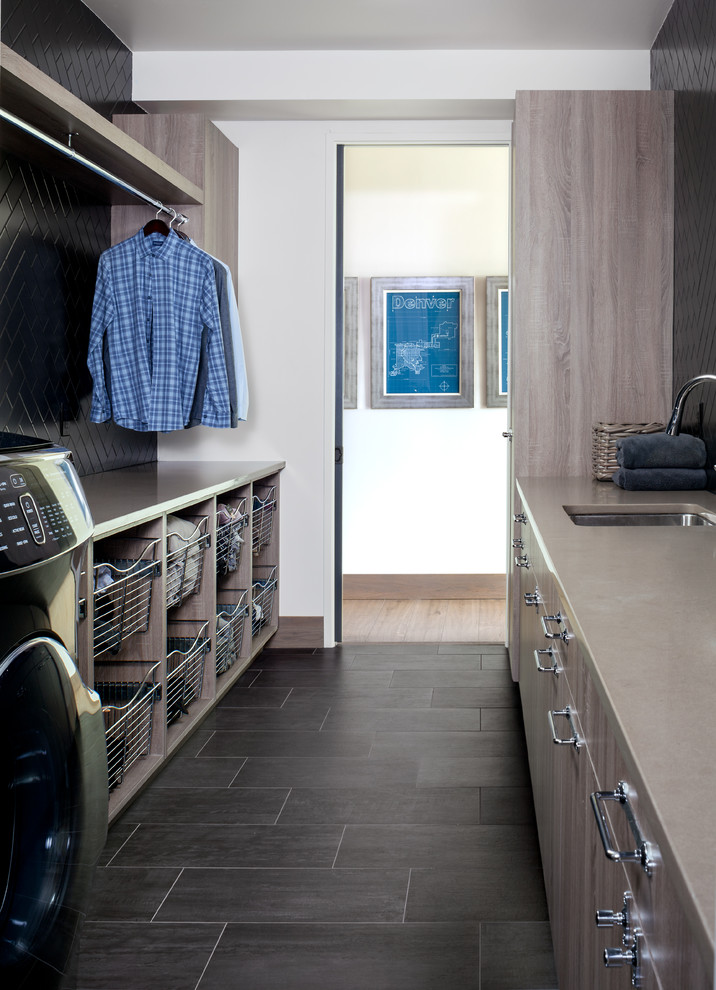 Design ideas for an eclectic galley dedicated laundry room in Denver with a drop-in sink, flat-panel cabinets, beige cabinets, laminate benchtops, white walls, slate floors, a side-by-side washer and dryer, grey floor and beige benchtop.