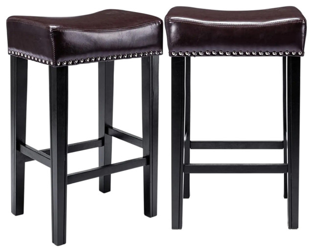Brown, 29" Set of 2 Bar Stools PU Leather Counter Height Chairs