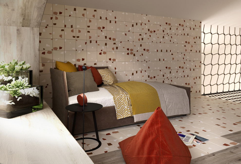 Imagen de dormitorio infantil de 4 a 10 años minimalista grande con parades naranjas, suelo de baldosas de cerámica y madera