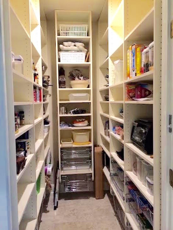 Mid-sized trendy galley porcelain tile kitchen pantry photo in Dallas with open cabinets and white cabinets