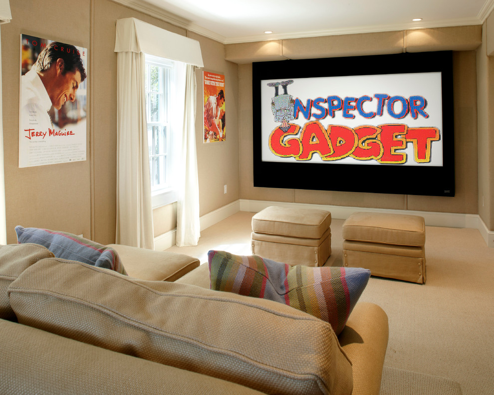 Photo of a mid-sized beach style enclosed home theatre in Boston with beige walls, carpet and a projector screen.