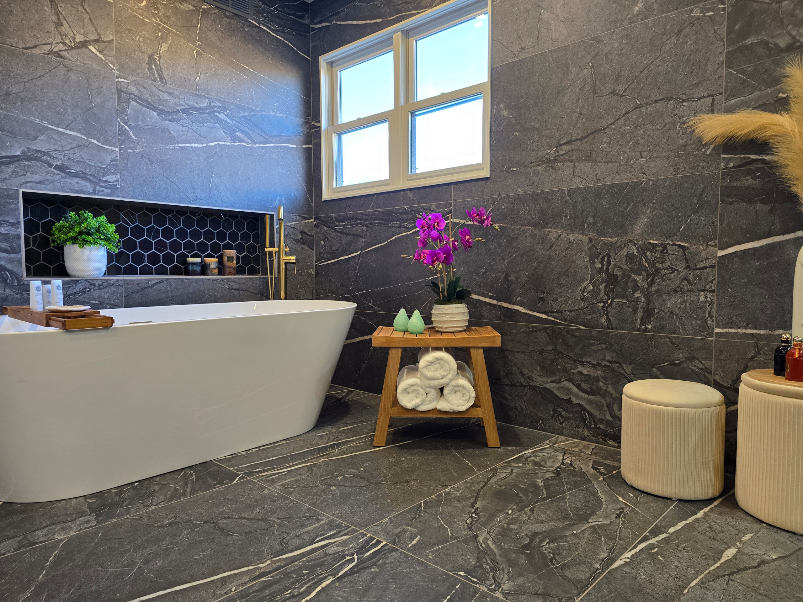 Main Bath full remodeling with custom vanity, freestanding tub & walk-in shower