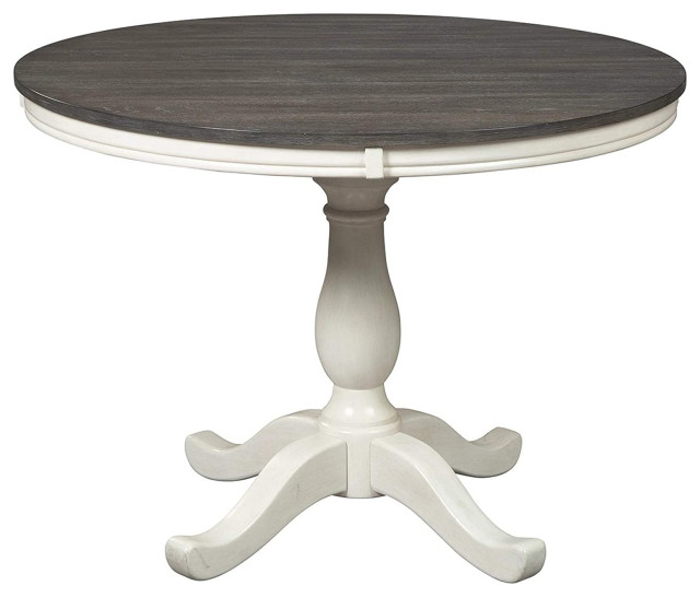 Round Dining Table, Two Tone Design With Pedestal Base, Gray and White
