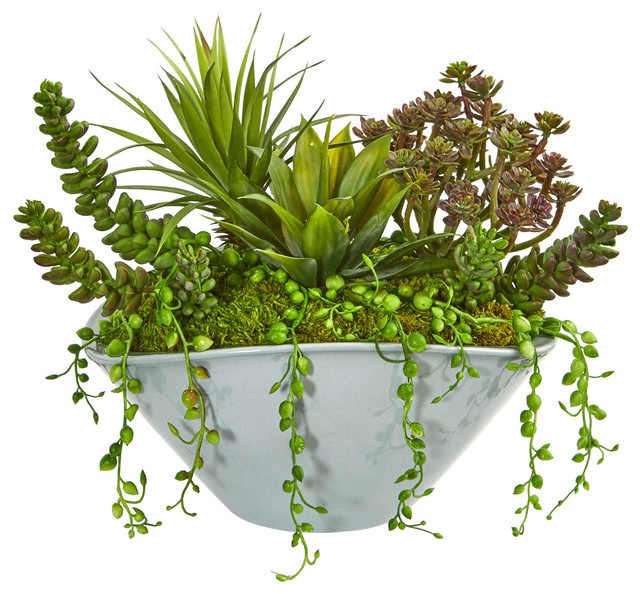Nearly Natural Succulent Garden Artificial Plant in Green Vase