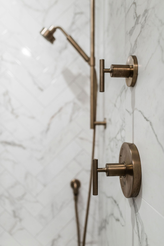 Freestanding bathtub - large transitional master white tile and porcelain tile ceramic tile and white floor freestanding bathtub idea in Chicago with flat-panel cabinets, dark wood cabinets, gray walls, a drop-in sink, quartzite countertops, a hinged shower door and multicolored countertops