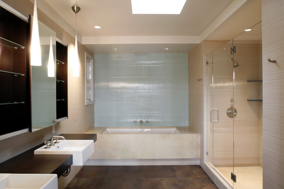 Inspiration for a contemporary bathroom in San Francisco with a vessel sink and an alcove tub.