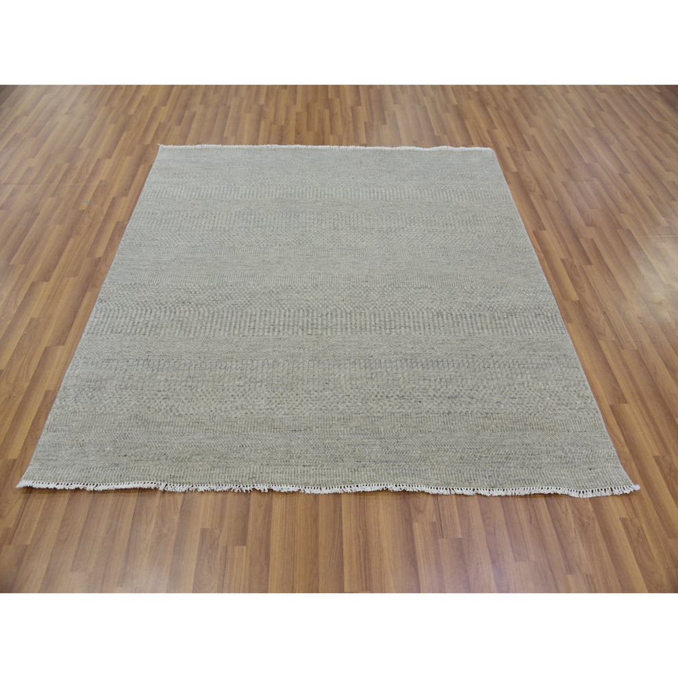 Goose Gray Undyed Wool Hand Knotted Modern Grass Design Square Rug 6' x 6'