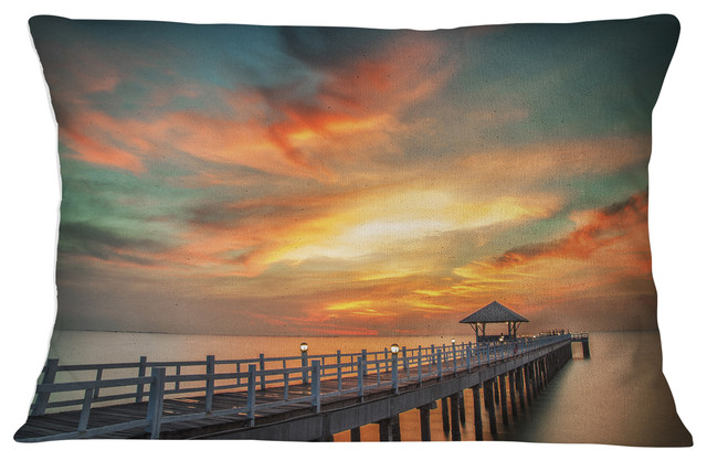Colorful Sky and Long Wooden Pier Pier Seascape Throw Pillow, 12"x20"