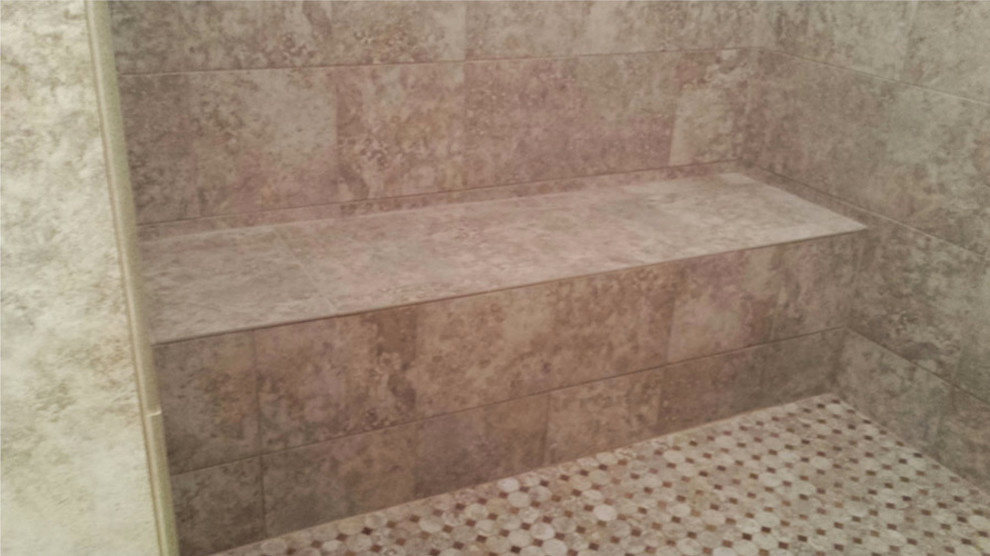 Large transitional master doorless shower photo in Austin
