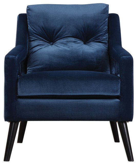Retro Dark Blue Velvet Arm Chair, Vintage Plush Deep Danish