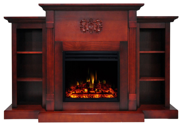 Classic Electric Fireplace With 72" Cherry Mantel, Bookshelves and Remote