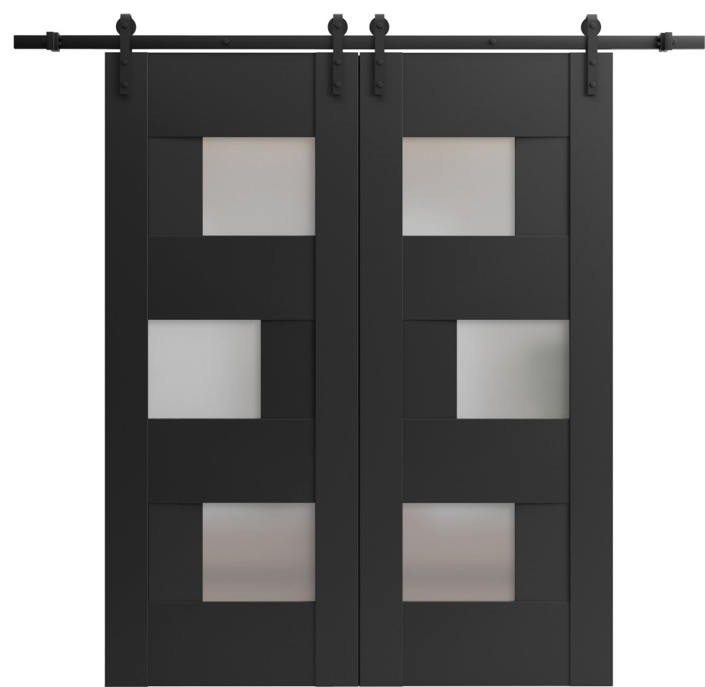 Double Barn Door, 6933 Matte Black & Frosted Glass, 13', 60"x96" (2