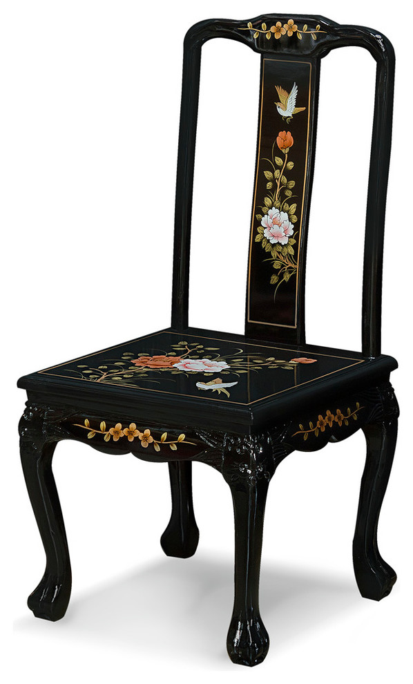 HandPainted Black Lacquer Chinese Peony Design Chair Asian Dining