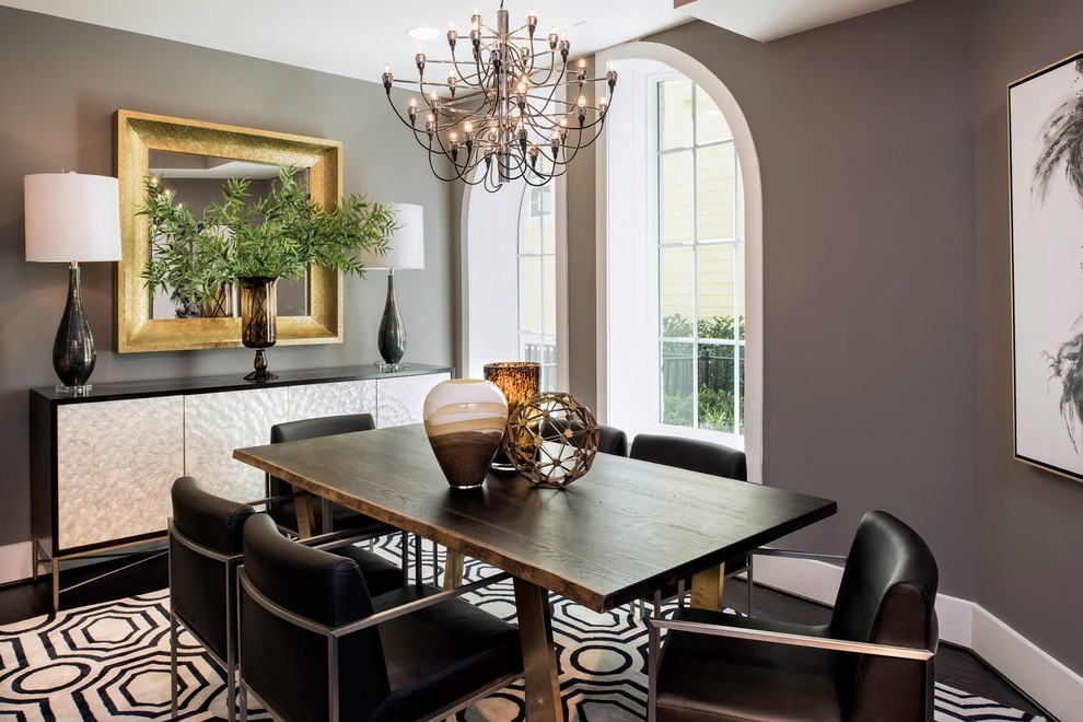Inspiration for a transitional dining room in DC Metro with grey walls and dark hardwood floors.