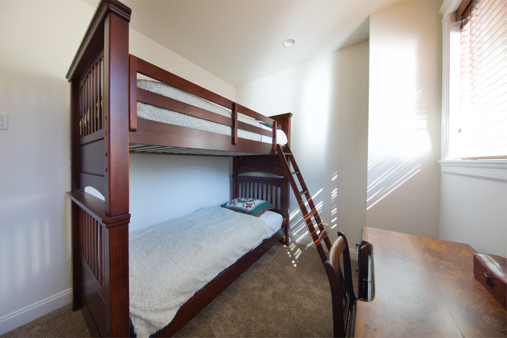 Bedroom - mid-sized rustic guest carpeted bedroom idea in Vancouver with white walls and no fireplace