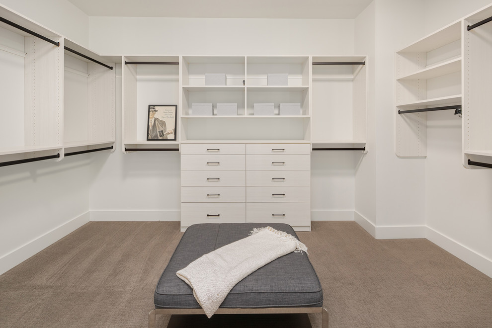 Inspiration for a large contemporary gender-neutral walk-in wardrobe in Seattle with flat-panel cabinets, white cabinets, carpet and grey floor.
