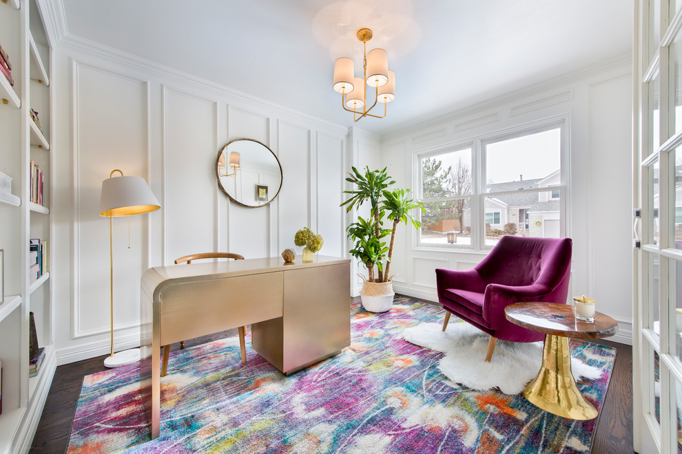 Study room - transitional freestanding desk dark wood floor study room idea in Denver with white walls