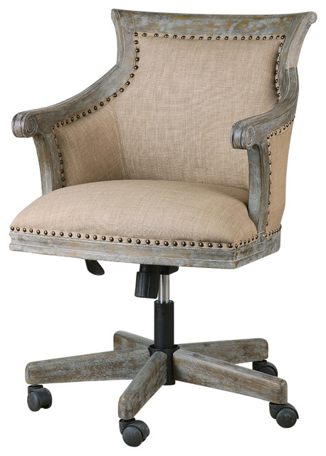 Beige Linen Rolling Chair Industrial Exposed Wood Farmhouse