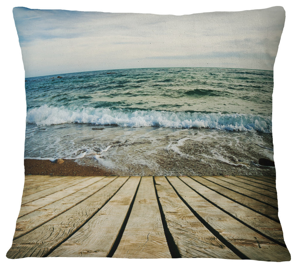 Wooden Pier in Waving Sea Seascape Throw Pillow, 16"x16"