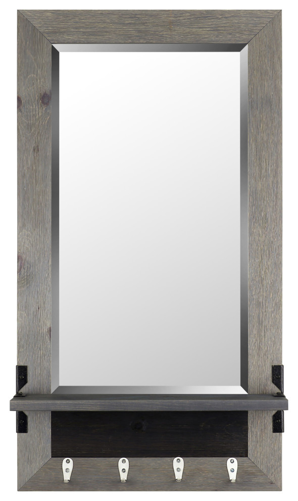 21x37" Rustic Real Wood Wall Mirror Shelf with Hangers Large Gray