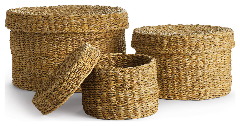 Seagrass Round Lidded Baskets, Set Of 3 Beach Style Baskets by