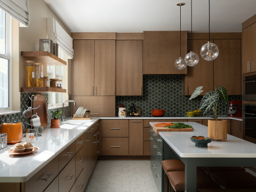 Kitchen Cabinets Vaughan in a warm modern kitchen featuring natural wood cabinetry, white countertops, open shelving, pendant lighting, and a functional island layout.