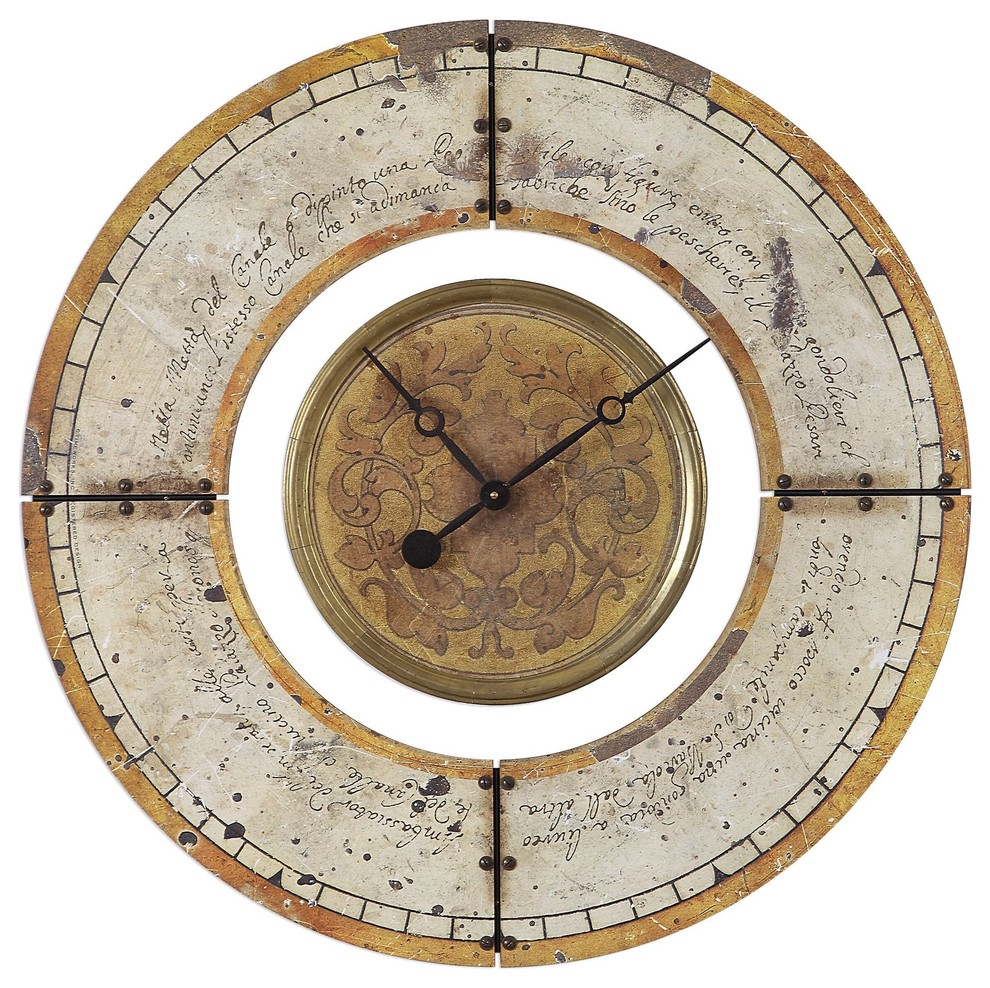 Ezekiel Wall Clock In Aged Ivory And Golden Brown Farmhouse Wall Clocks By Buildcom Houzz