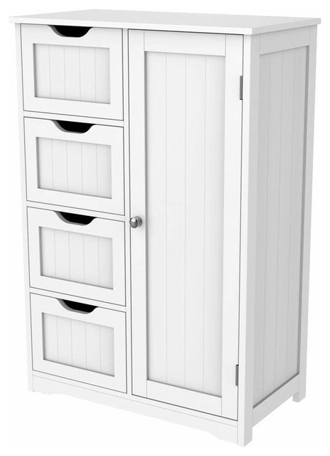 Free Standing Storage Cabinet, MDF With White Finish, 3-Inner Shelf, 4-Drawer