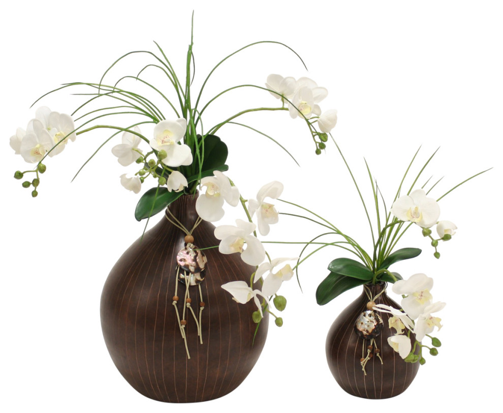 White Orchids In Brown Vigan Vase Set Of 2 1 Large And 1 Small