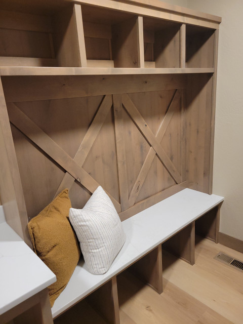 Mud room bench with solid surface was durable. 
