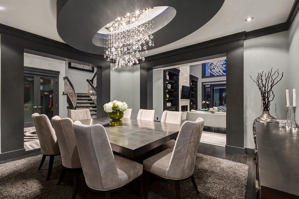 Inspiration for a mid-sized arts and crafts open plan dining in New York with black walls and linoleum floors.